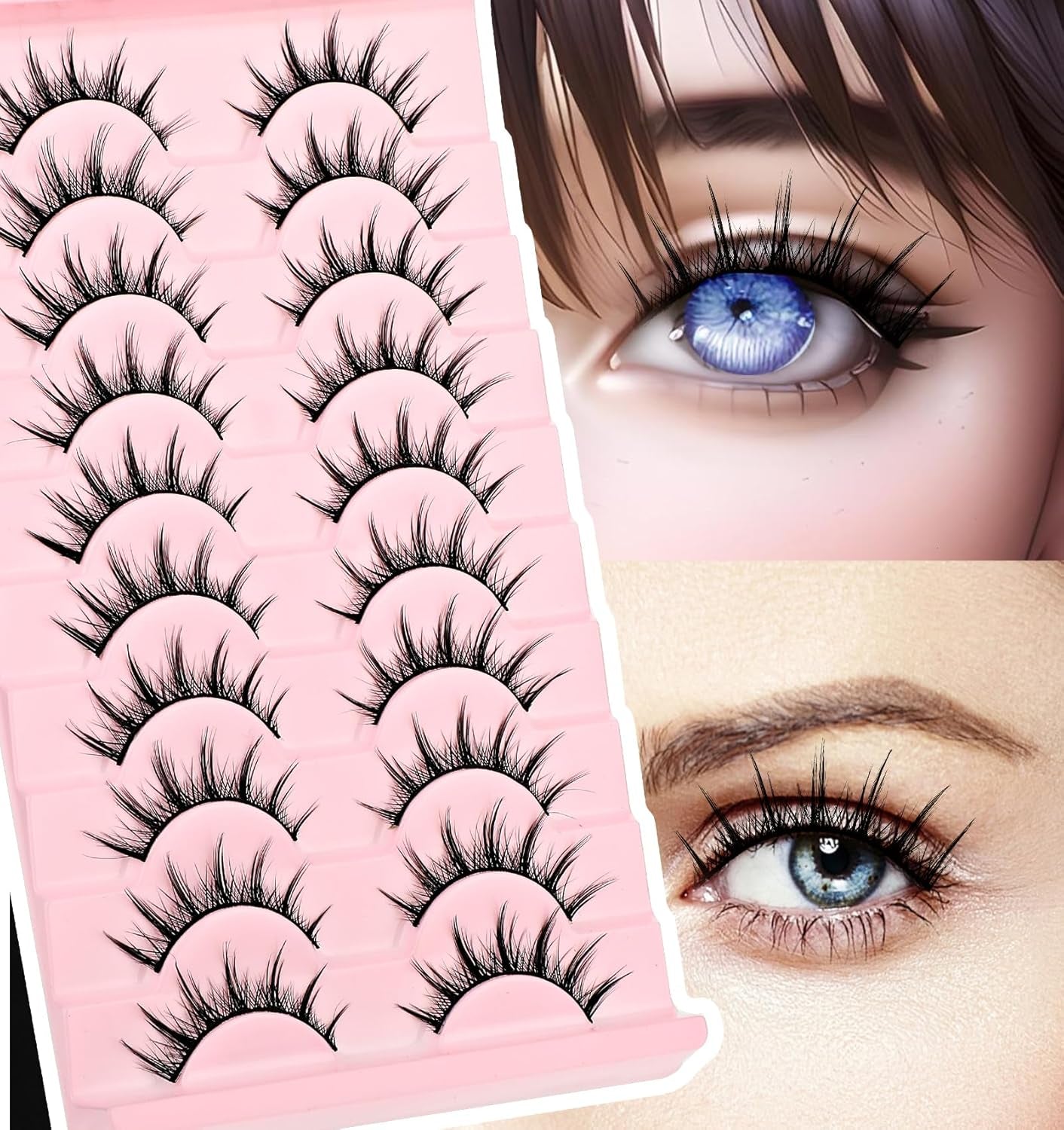 Manhua Lashes, 10 Pairs Natural Anime-Inspired - Faux Mink, Wispy Style for a Korean Japanese Manga Look
