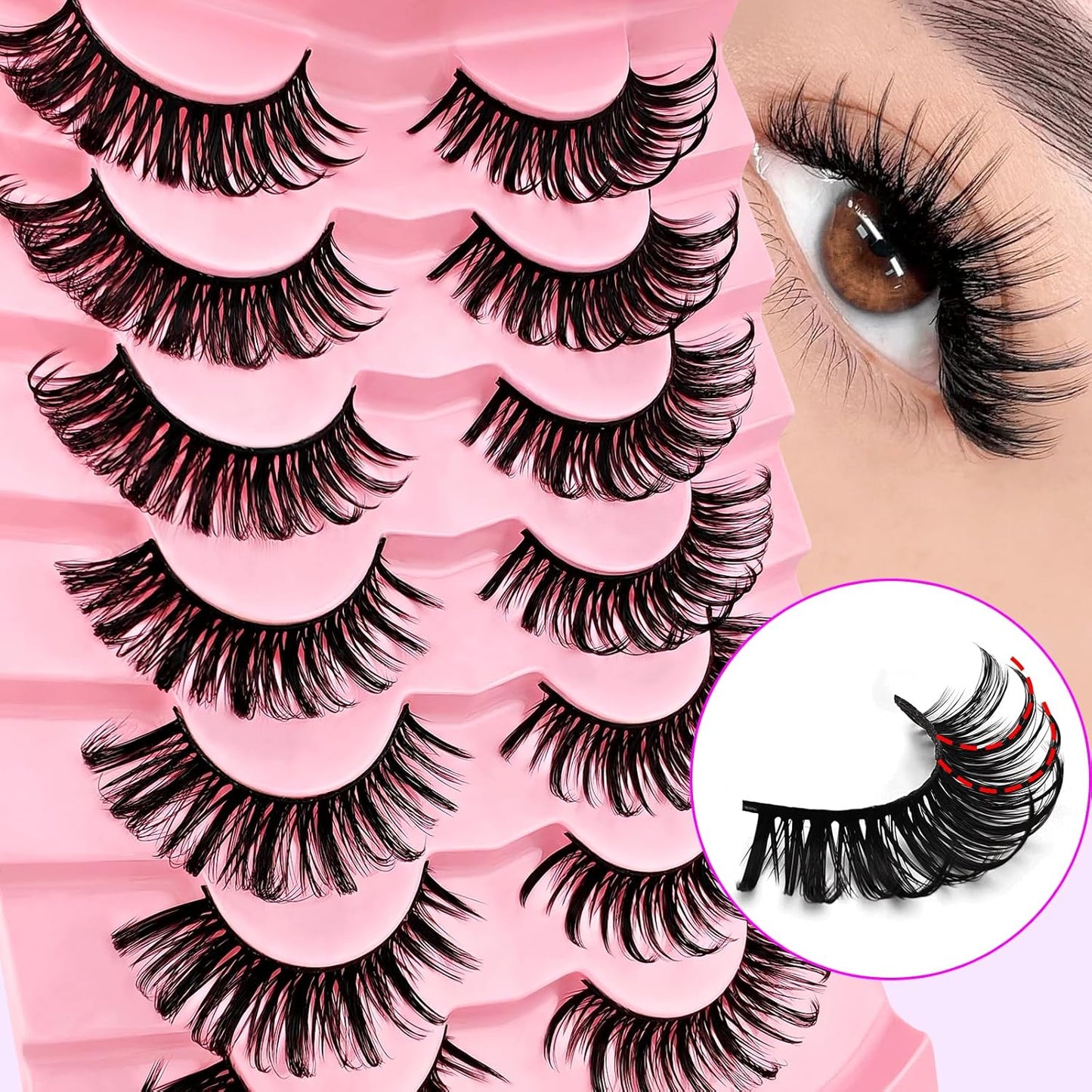 7 Pairs Manga Lashes Wet Look 20Mm Flu-Ffy D Curl Lashes Cat-Eye Lashes Volume Spiky Lashes Wispy Fairy Lashes Faux Mink False Eyelashes Japanese Korean Lashes(Sj01), Black