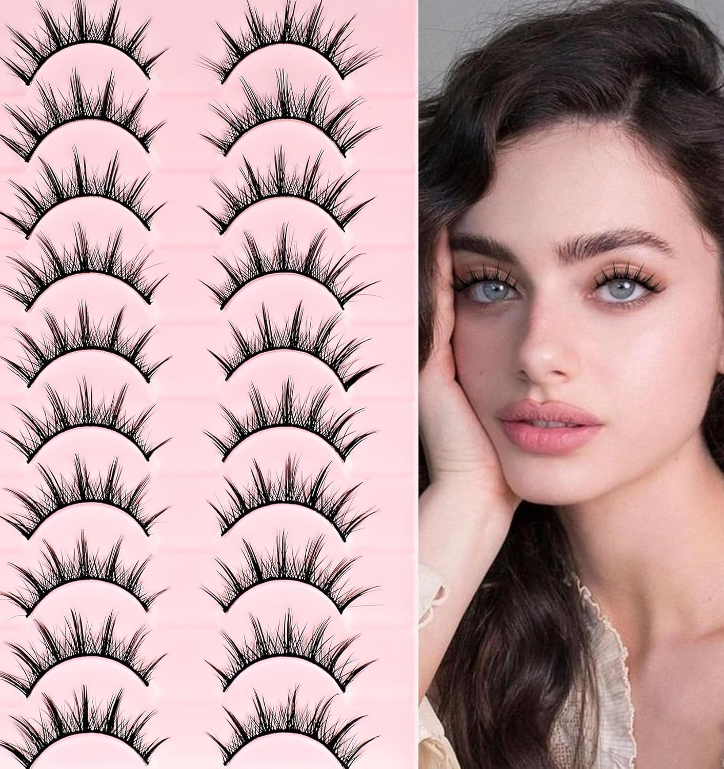 Manhua Lashes, 10 Pairs Natural Anime-Inspired - Faux Mink, Wispy Style for a Korean Japanese Manga Look