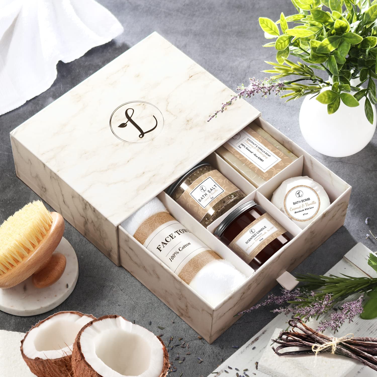 Spa Gift Set, Natural Coconut & Vanilla, Gift Box Includes: Bath Bomb, Bath Salt, Hand Soap, Scented Candle, Face Cloth and Gift Box. Best Gift for Her.
