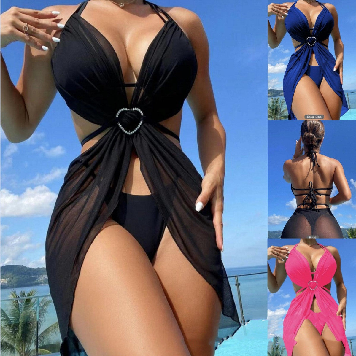 3Pcs Halter Neck Bikini Beach Summer Solid Color Split Swimsuit Womens Clothing