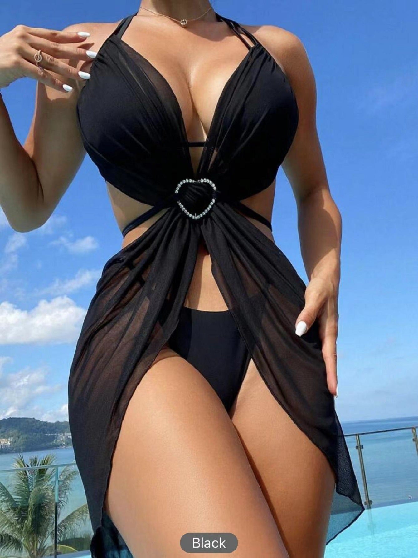 3Pcs Halter Neck Bikini Beach Summer Solid Color Split Swimsuit Womens Clothing
