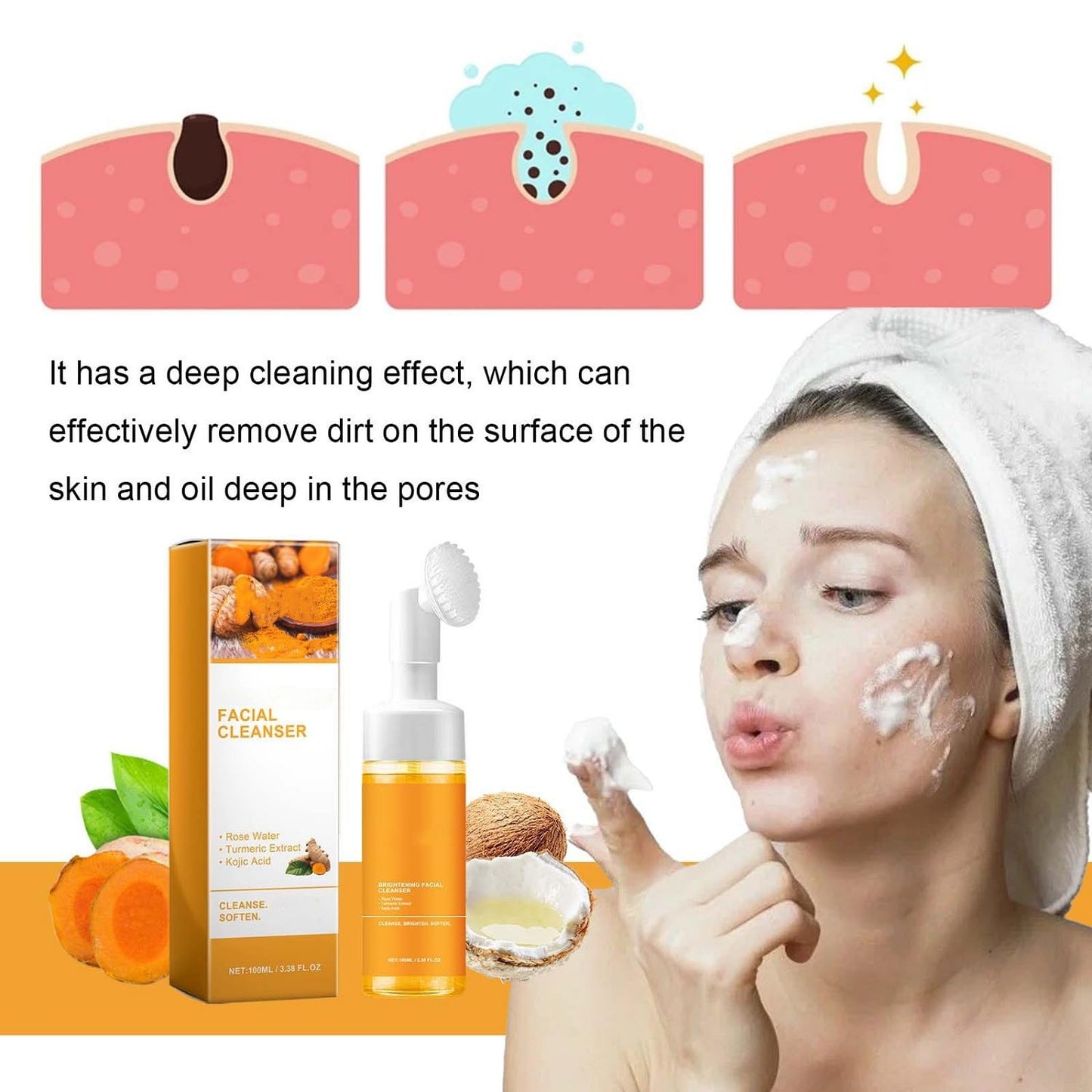 Turmeric Facial Cleanser,Foaming Face Wash,Turmeric Glow Wash,Deep Cleansing Face Cleanser with Brush (100Ml)