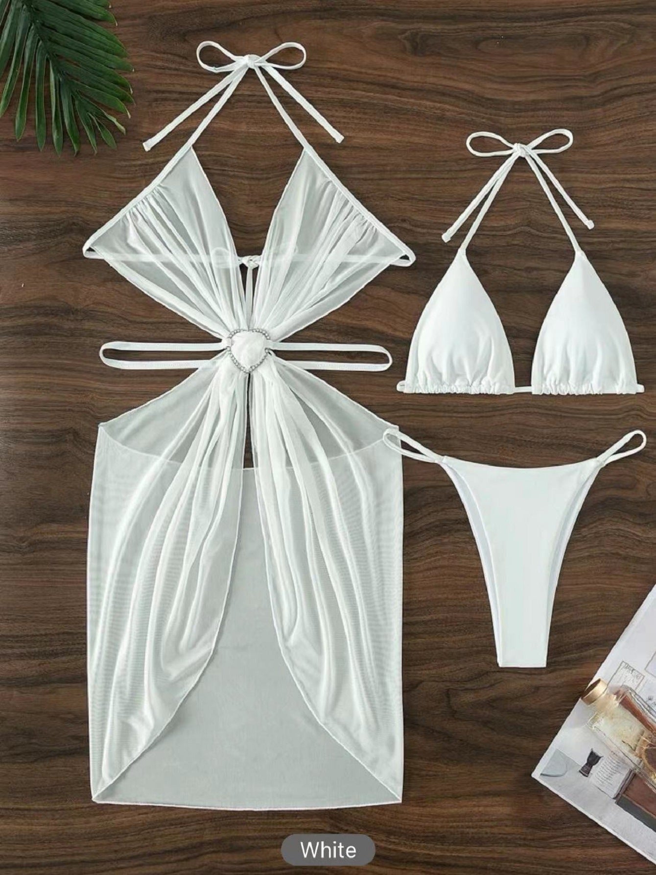 3Pcs Halter Neck Bikini Beach Summer Solid Color Split Swimsuit Womens Clothing