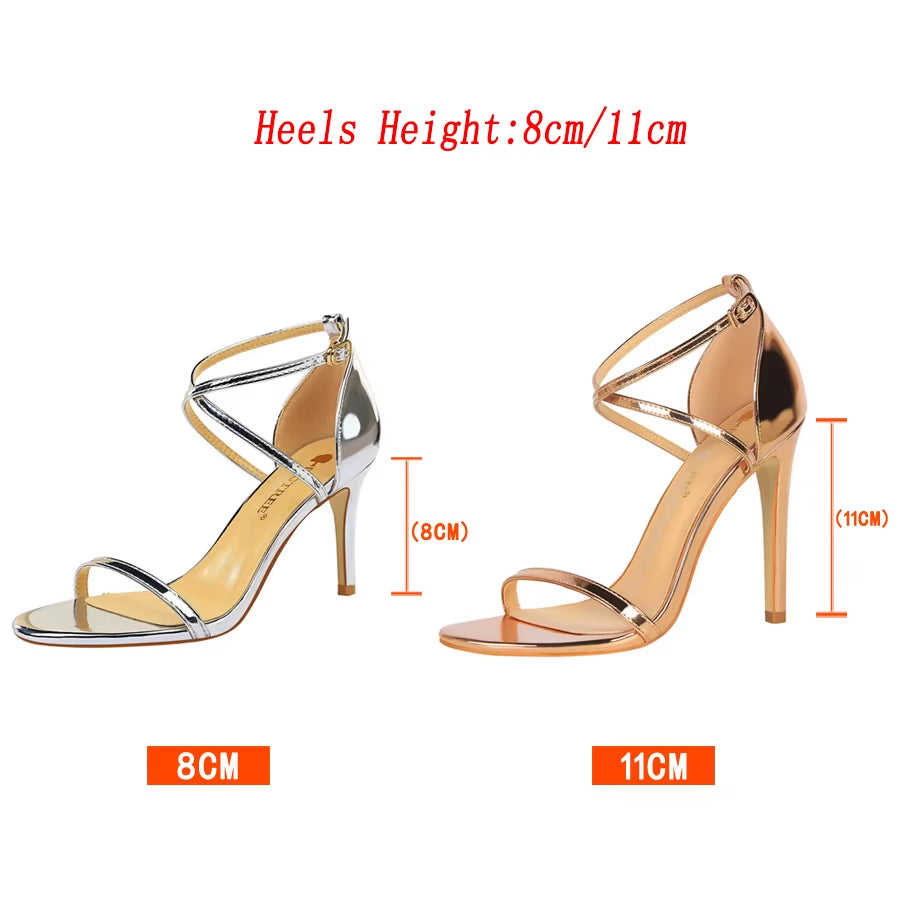 Women Fetish 8Cm 11Cm High Heels Summer Mid Low Heels Champagne Gold Sandals Roman Pumps Lady Gladiators Stiletto Stripper Shoes