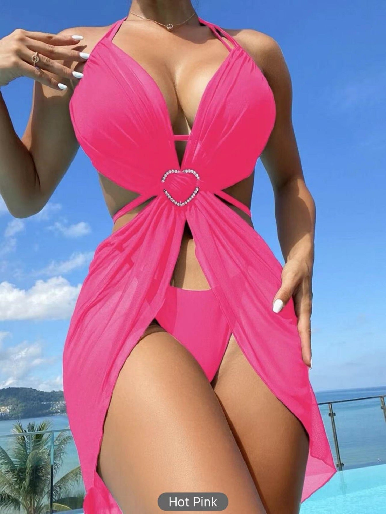 3Pcs Halter Neck Bikini Beach Summer Solid Color Split Swimsuit Womens Clothing