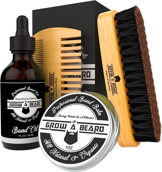 Beard Brush, Beard Comb, Beard Oil, & Beard Balm Grooming Kit for Men'S Care, Travel Facial Hair Set for Growth, Styling, Shine & Softness, Great Gifts for Him