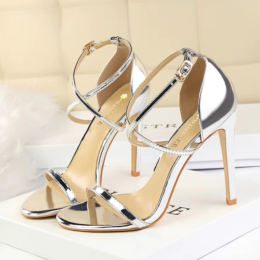 Women Fetish 8Cm 11Cm High Heels Summer Mid Low Heels Champagne Gold Sandals Roman Pumps Lady Gladiators Stiletto Stripper Shoes