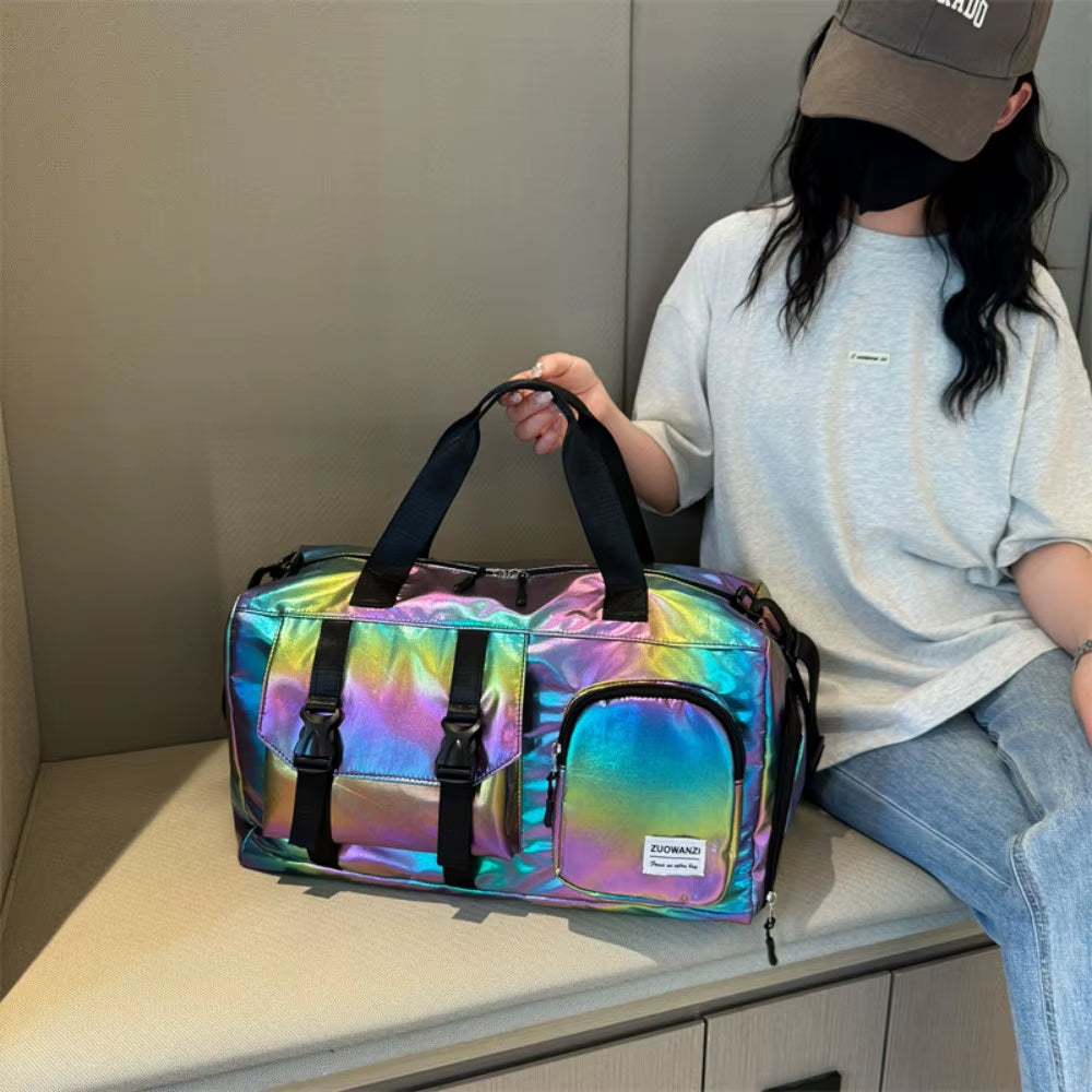 Holographic Glamour Duffel Bag - Spacious,Stylish Shoulder Tote with Shoe Compartment for Effortless Weekend Escapes Travel Bags