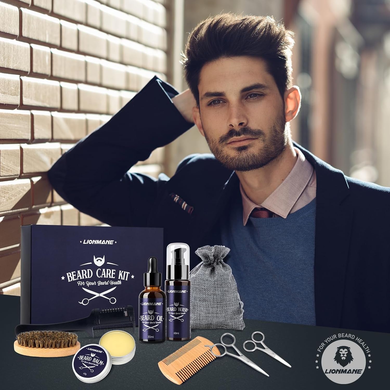 Beard Care Christmas Gifts Kit for Men, Beard Mustache Grooming Kit-Beard Balm, Beard Wash, Beard Oil, Brush, Scissors, Birthday Anniversary Thanksgiving Gifts for Husband/Boyfriend/Dad/Him