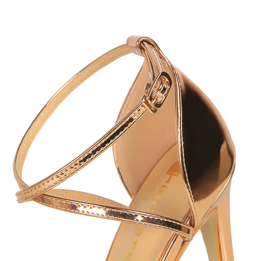 Women Fetish 8Cm 11Cm High Heels Summer Mid Low Heels Champagne Gold Sandals Roman Pumps Lady Gladiators Stiletto Stripper Shoes