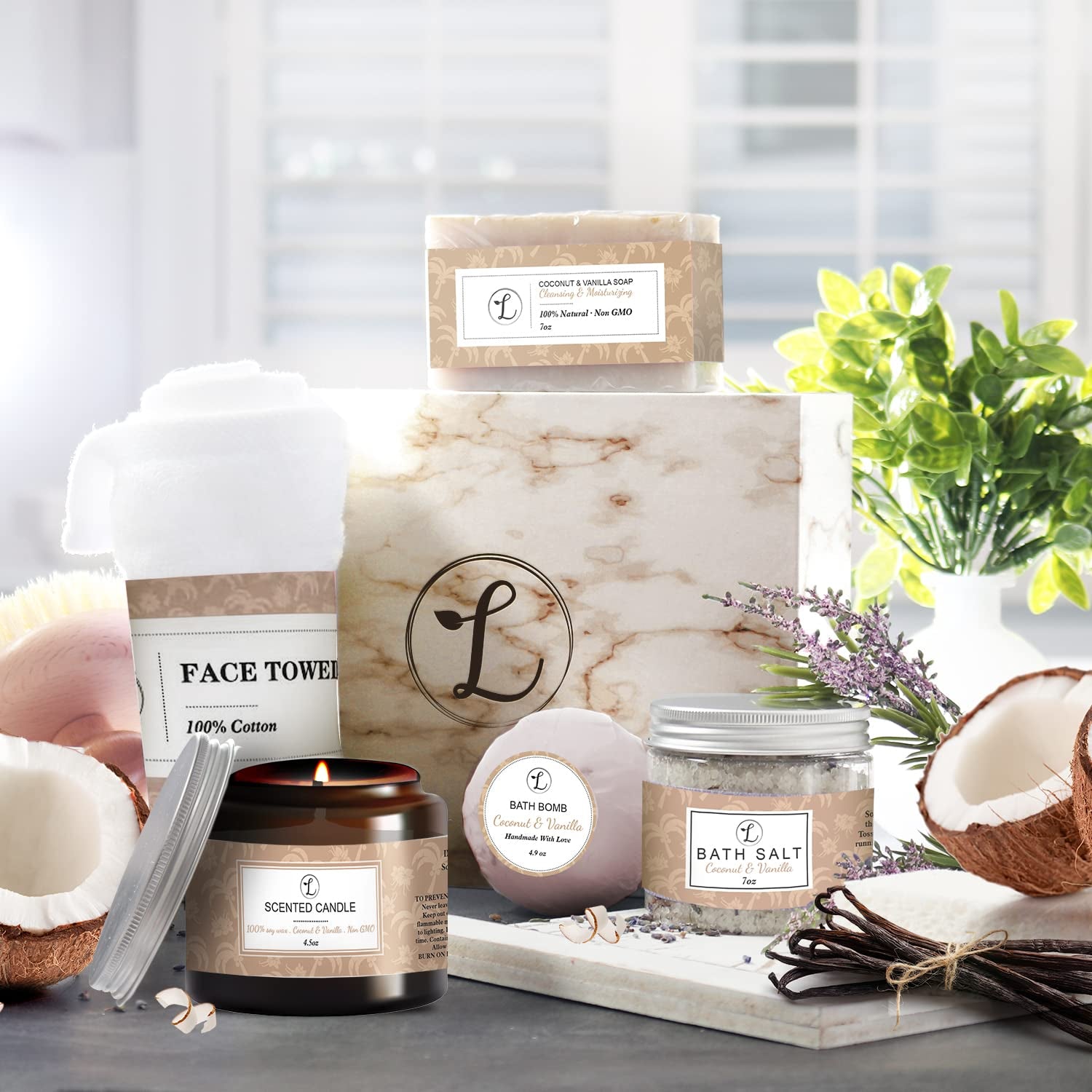 Spa Gift Set, Natural Coconut & Vanilla, Gift Box Includes: Bath Bomb, Bath Salt, Hand Soap, Scented Candle, Face Cloth and Gift Box. Best Gift for Her.