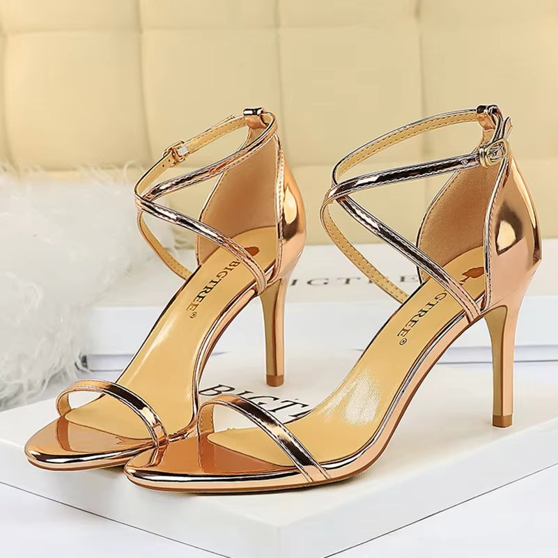 Women Fetish 8Cm 11Cm High Heels Summer Mid Low Heels Champagne Gold Sandals Roman Pumps Lady Gladiators Stiletto Stripper Shoes