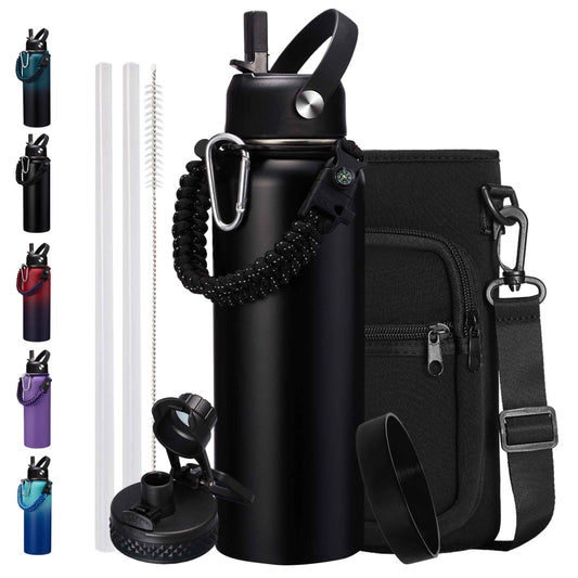 40Oz Insulated Water Bottle with Straw - Auto Spout Lid, Strap Sleeve, Paracord Handle, 40 Oz Stainless Steel Water Bottles Keep Cold 48H Hot 24H, Metal Thermo Jug for Gym Sports Hiking, Black
