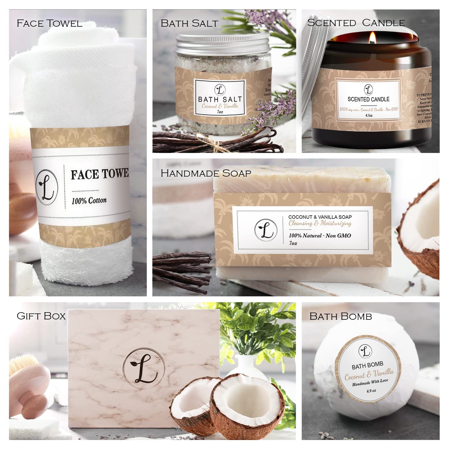 Spa Gift Set, Natural Coconut & Vanilla, Gift Box Includes: Bath Bomb, Bath Salt, Hand Soap, Scented Candle, Face Cloth and Gift Box. Best Gift for Her.